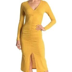 Velvet Torch Women's Mustard V-Neck Ribbed Knit Mid Dress SZ XL